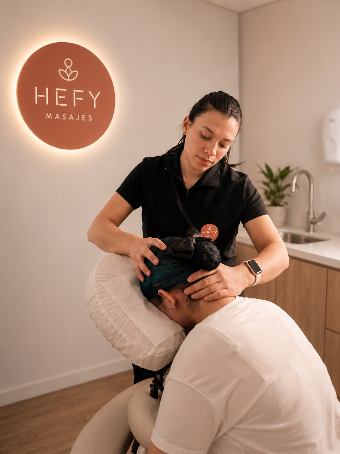 Terapeuta HEFY realizando masaje en silla a colaborador corporativo en Bogotá